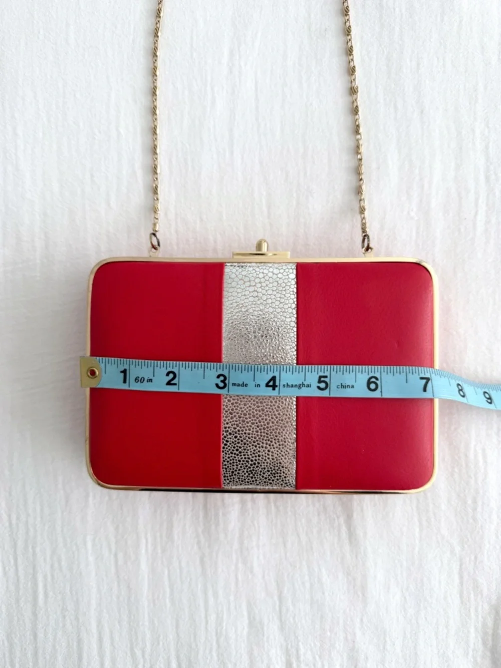 J. McLaughlin Small Red & Gold Leather Clutch Shoulder Purse w/ Gold Chain